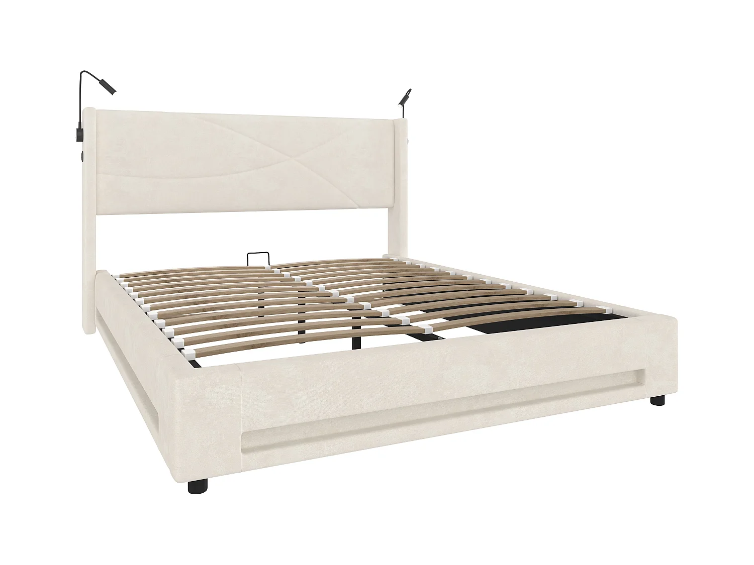 Lit Coffre 160×200 cm - Lit  Rembourré en Velours Beige – Motif Matelassé en Lignes - Lampe de Lecture + LED/USB – Coffre Hydraulique – Style Contemporain