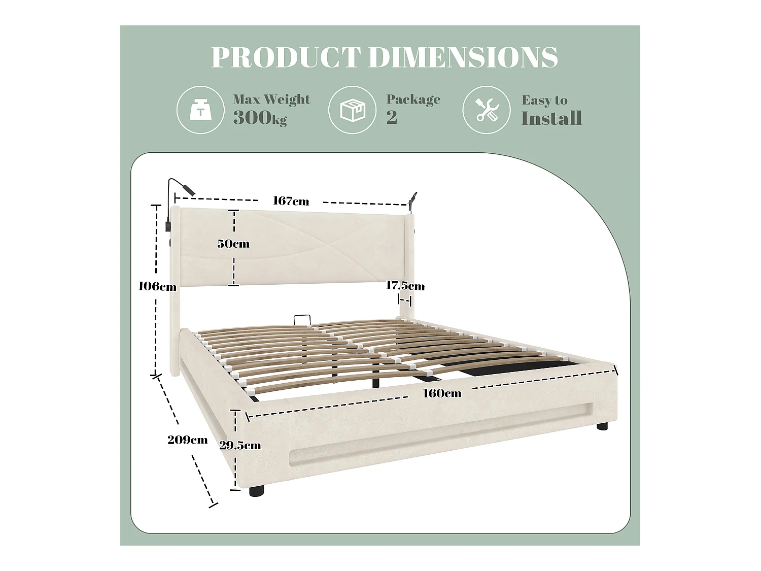 Lit Coffre 160×200 cm - Lit  Rembourré en Velours Beige – Motif Matelassé en Lignes - Lampe de Lecture + LED/USB – Coffre Hydraulique – Style Contemporain