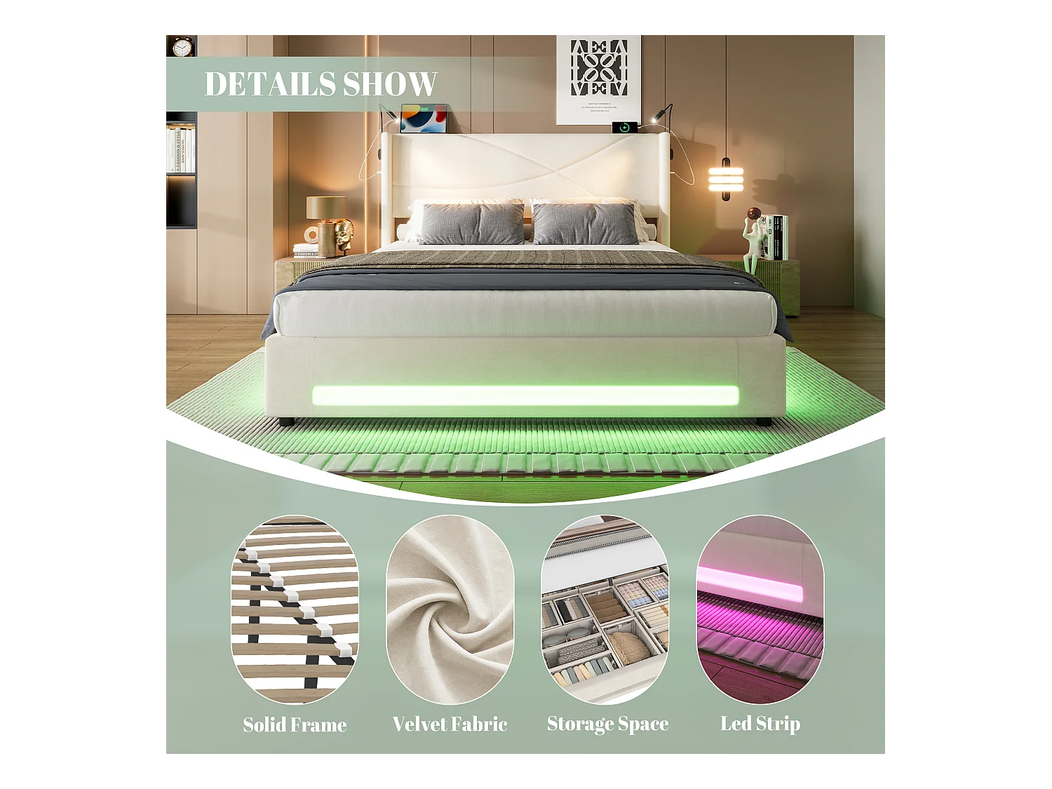 Lit Coffre 160×200 cm - Lit  Rembourré en Velours Beige – Motif Matelassé en Lignes - Lampe de Lecture + LED/USB – Coffre Hydraulique – Style Contemporain