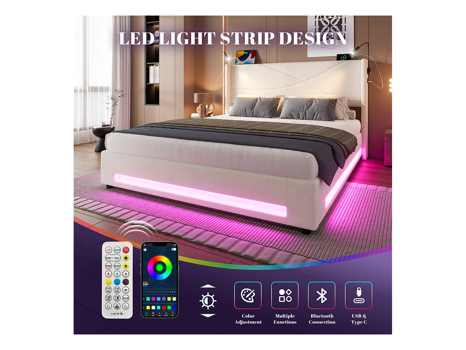 Lit Coffre 160×200 cm - Lit  Rembourré en Velours Beige – Motif Matelassé en Lignes - Lampe de Lecture + LED/USB – Coffre Hydraulique – Style Contemporain