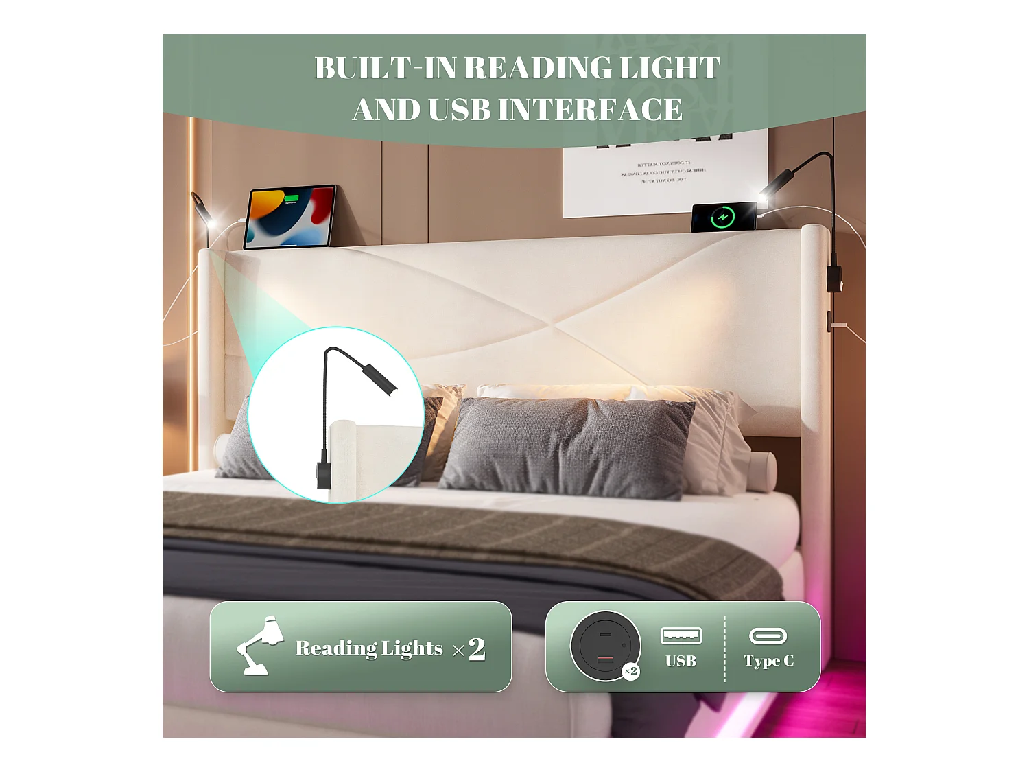 Lit Coffre 160×200 cm - Lit  Rembourré en Velours Beige – Motif Matelassé en Lignes - Lampe de Lecture + LED/USB – Coffre Hydraulique – Style Contemporain