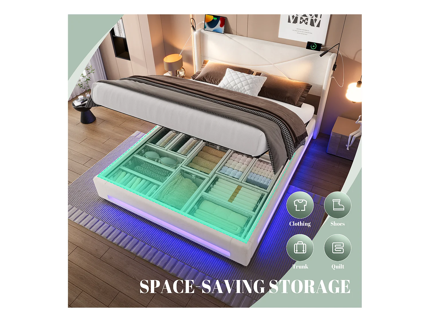 Lit Coffre 160×200 cm - Lit  Rembourré en Velours Beige – Motif Matelassé en Lignes - Lampe de Lecture + LED/USB – Coffre Hydraulique – Style Contemporain