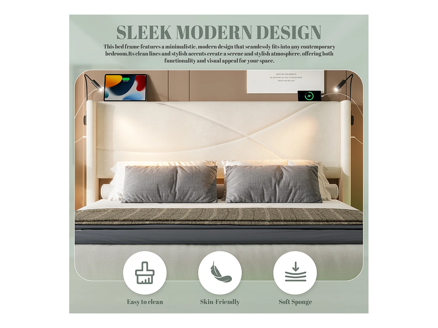 Lit Coffre 160×200 cm - Lit  Rembourré en Velours Beige – Motif Matelassé en Lignes - Lampe de Lecture + LED/USB – Coffre Hydraulique – Style Contemporain