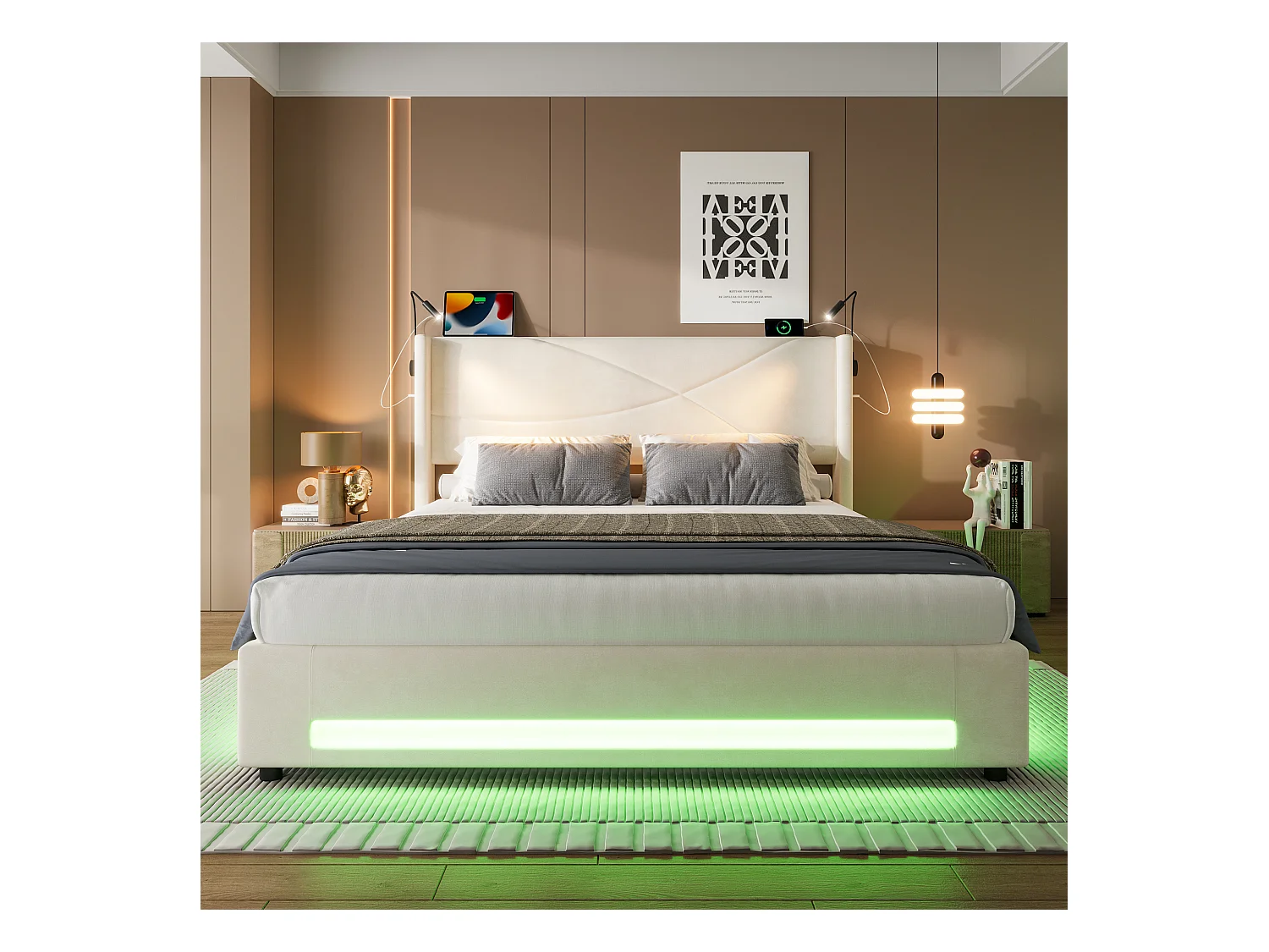 Lit Coffre 160×200 cm - Lit  Rembourré en Velours Beige – Motif Matelassé en Lignes - Lampe de Lecture + LED/USB – Coffre Hydraulique – Style Contemporain