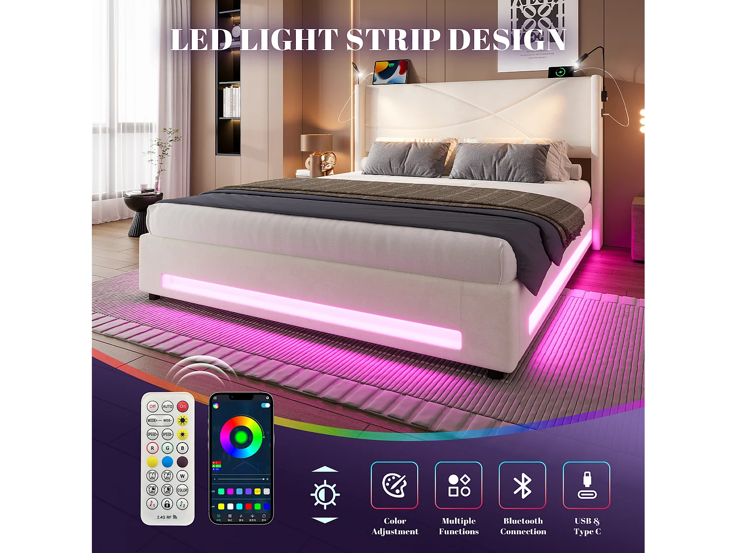 Boxspringbed 160x200cm - met geïntegreerde verlichting & opbergruimte, USB/Type-C aansluitingen, XXL hydraulisch opbergsysteem en smart home compatibel