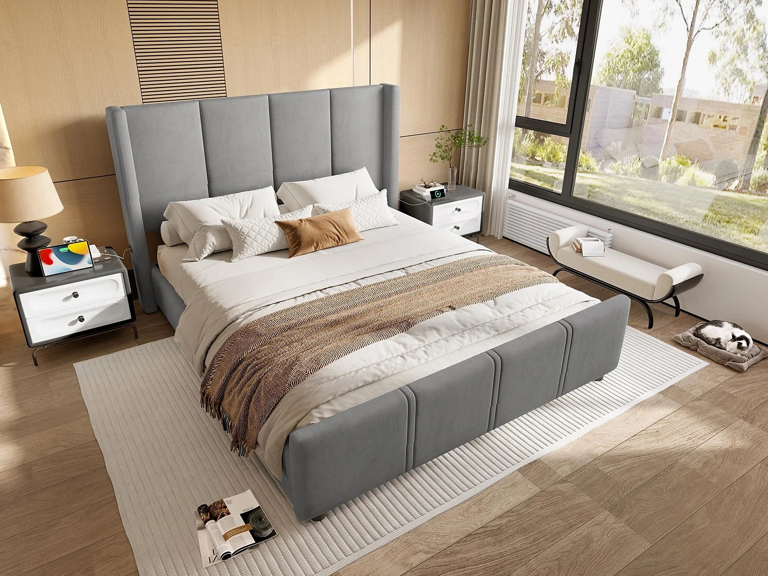Lit Coffre Rembourré 140×200 Cm Velours Gris– Grand Tête De Lit - avec LED – Ports USB/USB‑C  – Style Contemporain