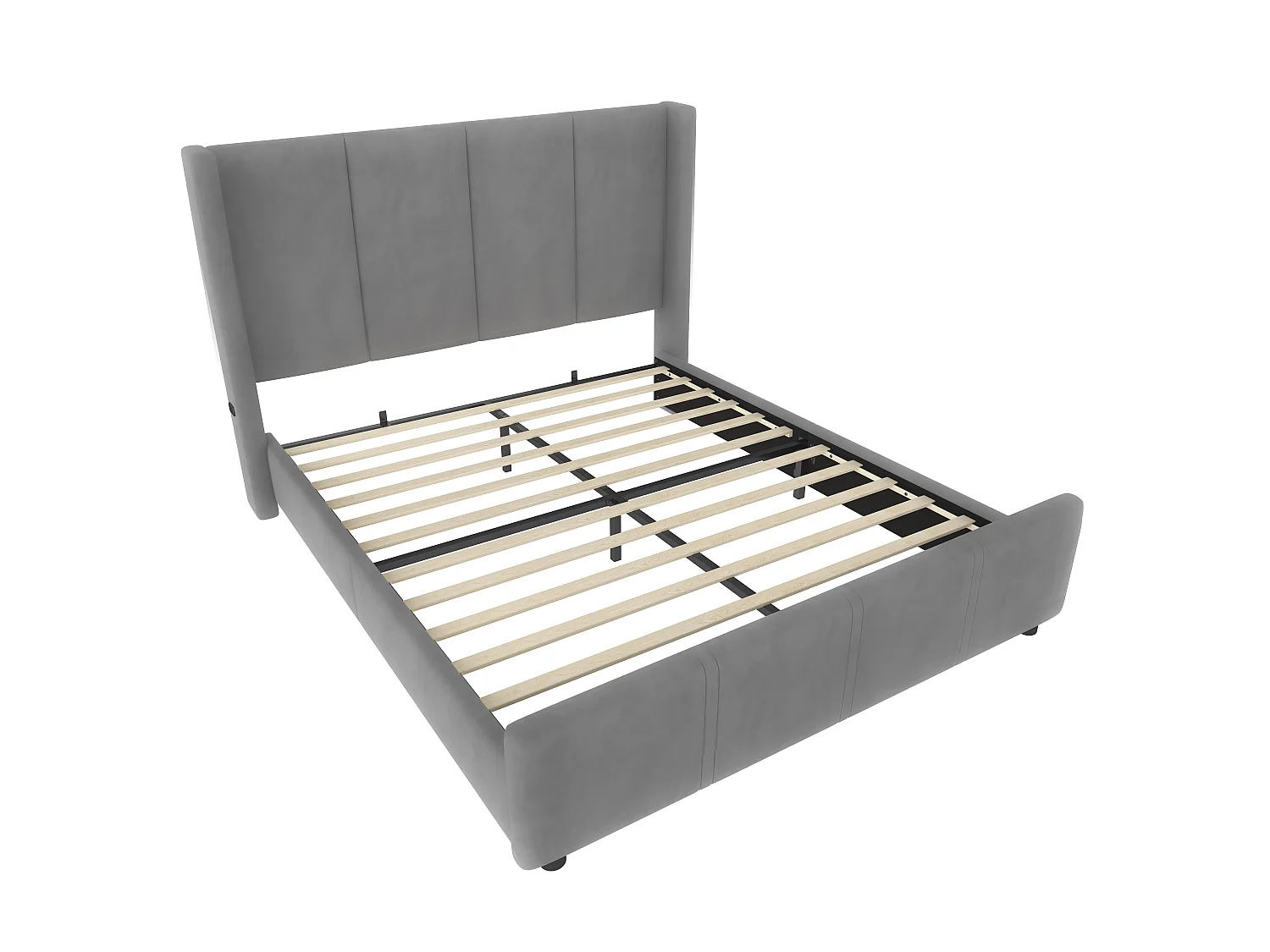 Lit Coffre Rembourré 140×200 Cm Velours Gris– Grand Tête De Lit - avec LED – Ports USB/USB‑C  – Style Contemporain