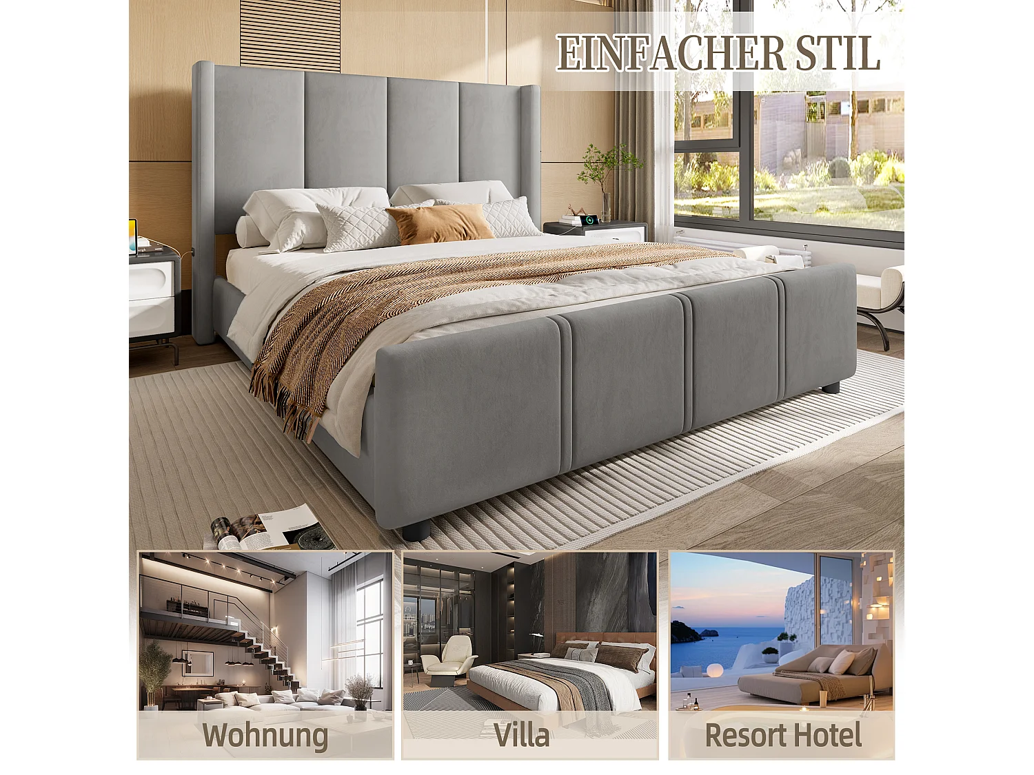 Lit Coffre Rembourré 140×200 Cm Velours Gris– Grand Tête De Lit - avec LED – Ports USB/USB‑C  – Style Contemporain