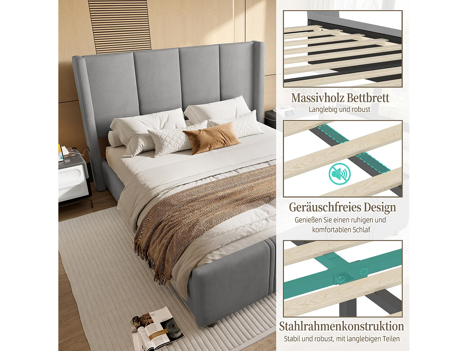 Lit Coffre Rembourré 140×200 Cm Velours Gris– Grand Tête De Lit - avec LED – Ports USB/USB‑C  – Style Contemporain