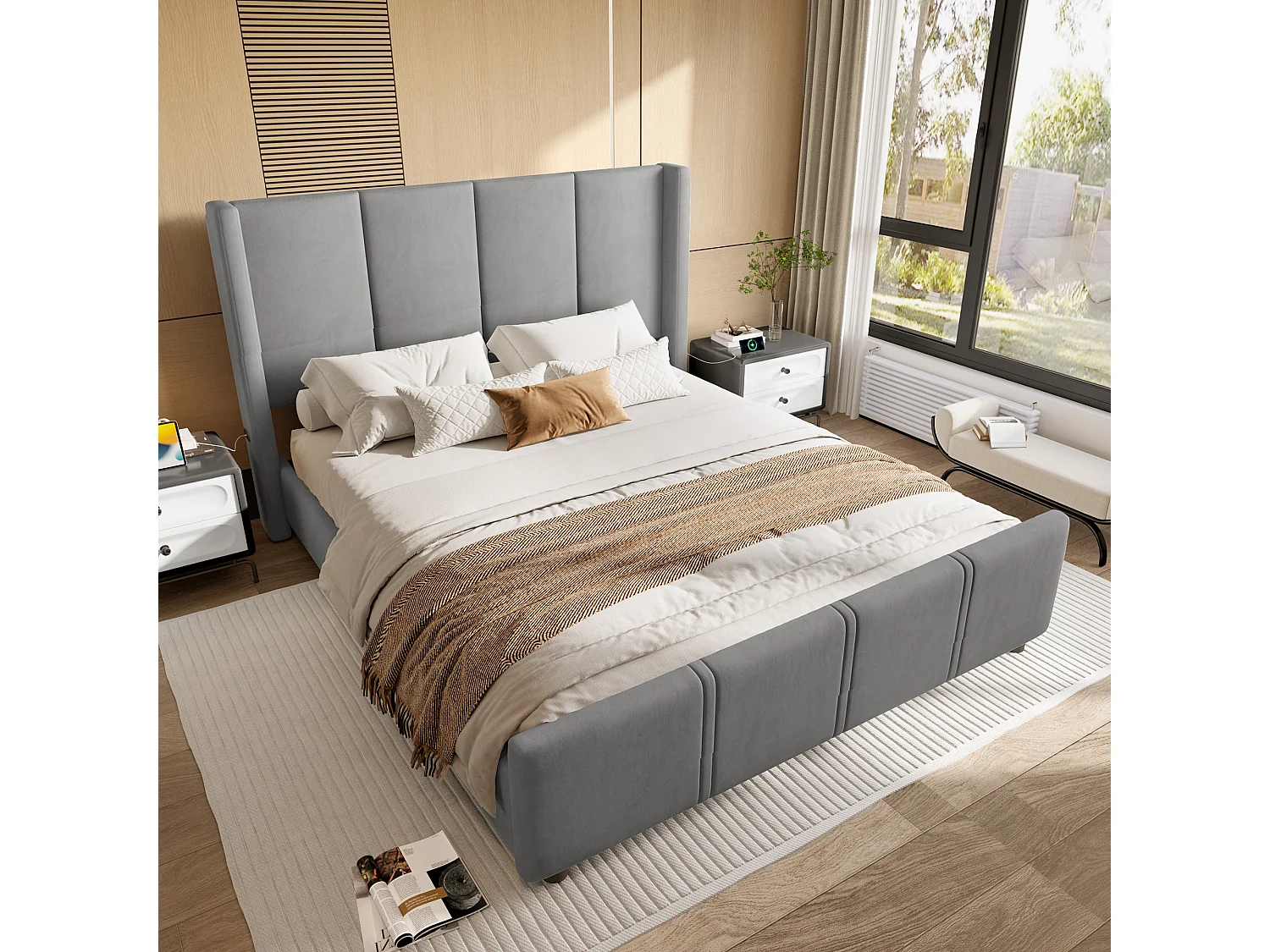 Lit Coffre Rembourré 140×200 Cm Velours Gris– Grand Tête De Lit - avec LED – Ports USB/USB‑C  – Style Contemporain