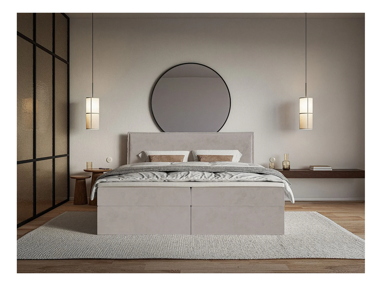 Lit boxspring 140x200 avec surmatelas – en velours déperlant – brun-gris – SOFTIE