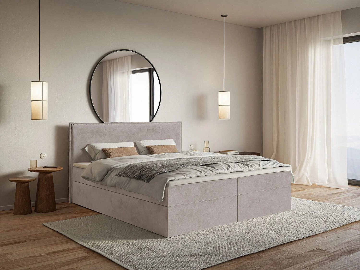 Lit boxspring 140x200 avec surmatelas – en velours déperlant – brun-gris – SOFTIE