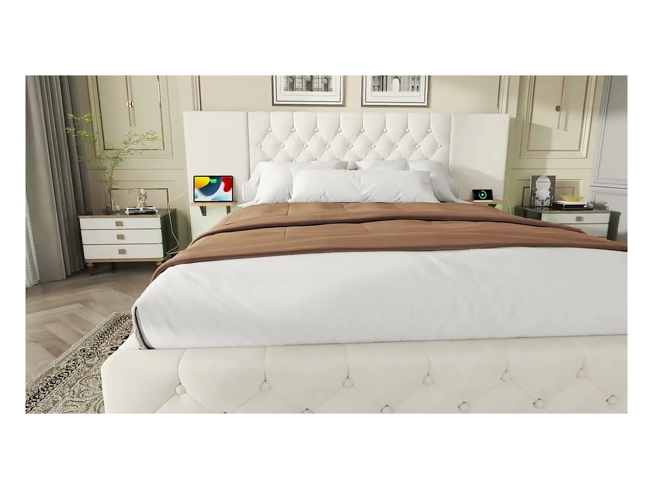 Lit Coffre 140×200 cm - Lit Rembourré en Velours Beige  – Étagère Tête De Lit - LED/USB-C – Coffre Hydraulique – Style Contemporain