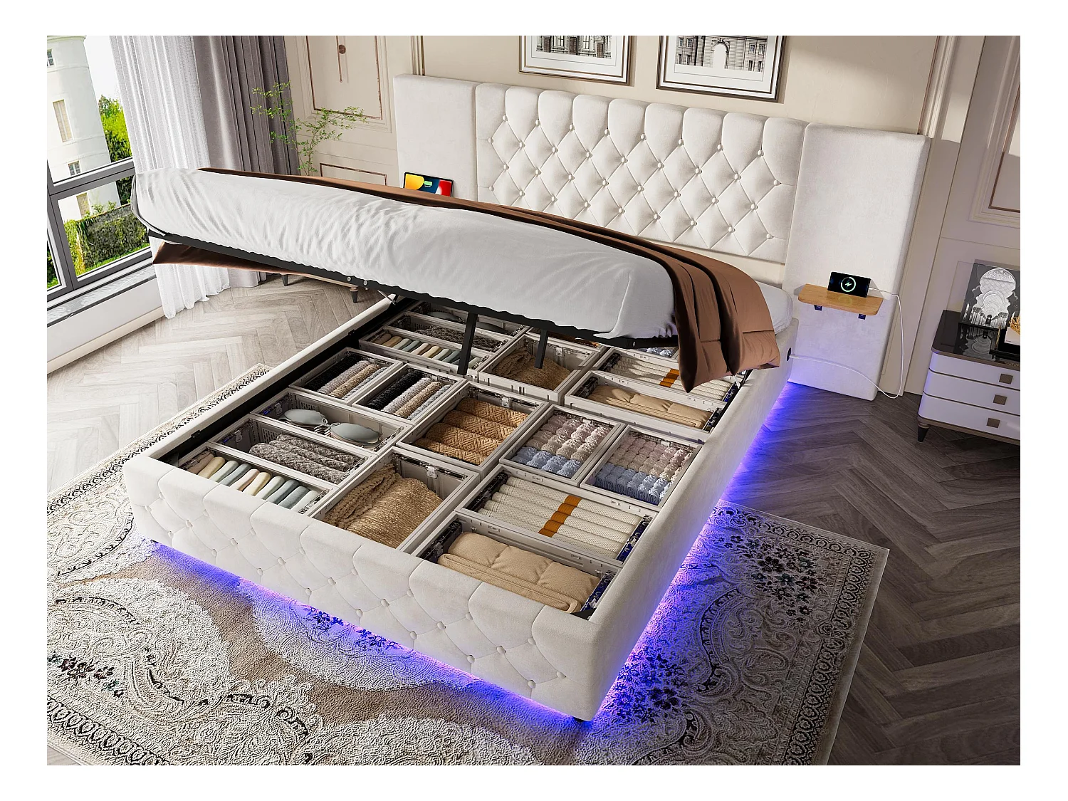 Lit Coffre 140×200 cm - Lit Rembourré en Velours Beige  – Étagère Tête De Lit - LED/USB-C – Coffre Hydraulique – Style Contemporain