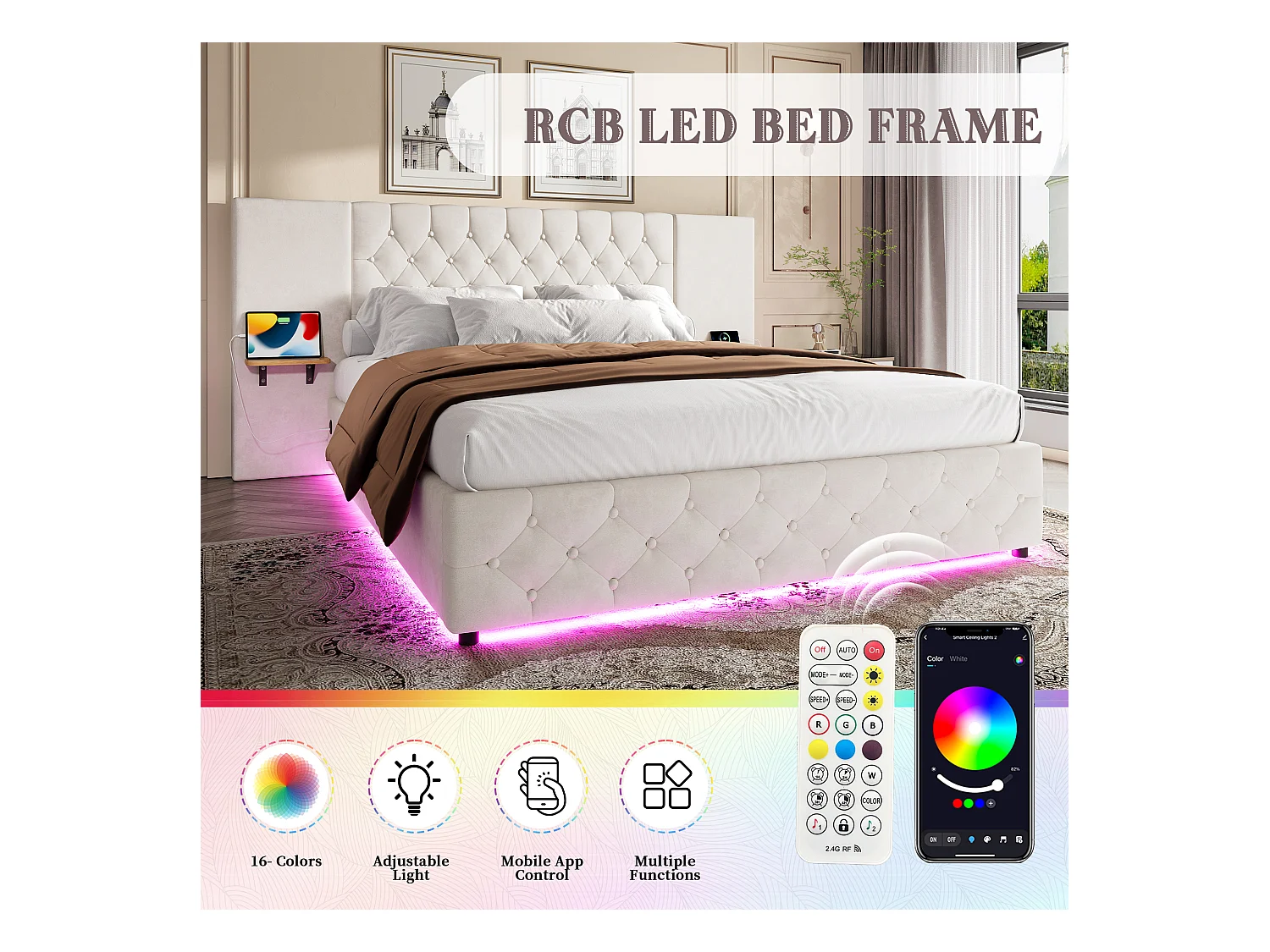 Lit Coffre 140×200 cm - Lit Rembourré en Velours Beige  – Étagère Tête De Lit - LED/USB-C – Coffre Hydraulique – Style Contemporain