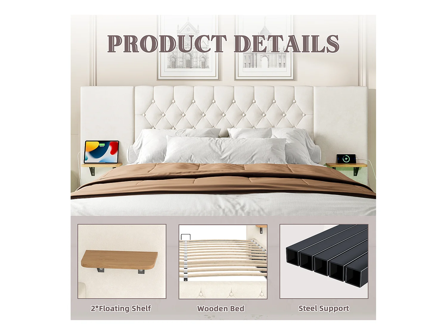 Lit Coffre 140×200 cm - Lit Rembourré en Velours Beige  – Étagère Tête De Lit - LED/USB-C – Coffre Hydraulique – Style Contemporain