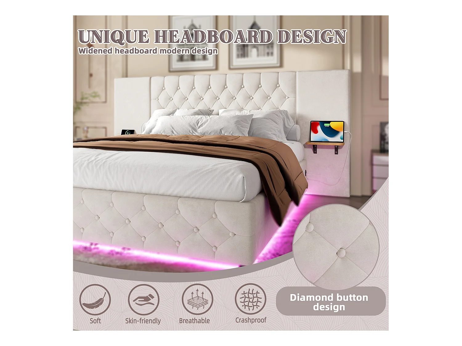 Lit Coffre 140×200 cm - Lit Rembourré en Velours Beige  – Étagère Tête De Lit - LED/USB-C – Coffre Hydraulique – Style Contemporain