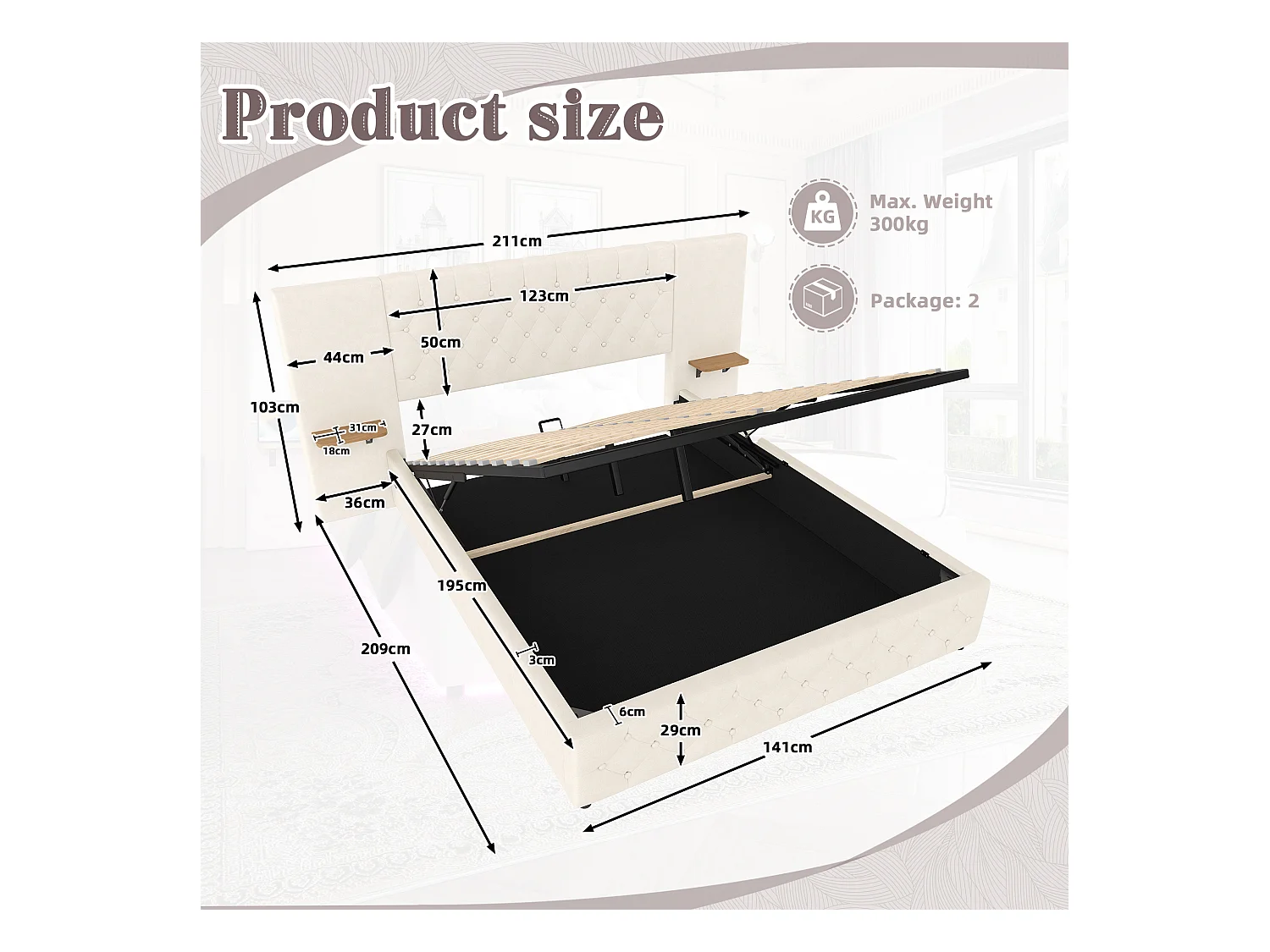 Lit Coffre 140×200 cm - Lit Rembourré en Velours Beige  – Étagère Tête De Lit - LED/USB-C – Coffre Hydraulique – Style Contemporain