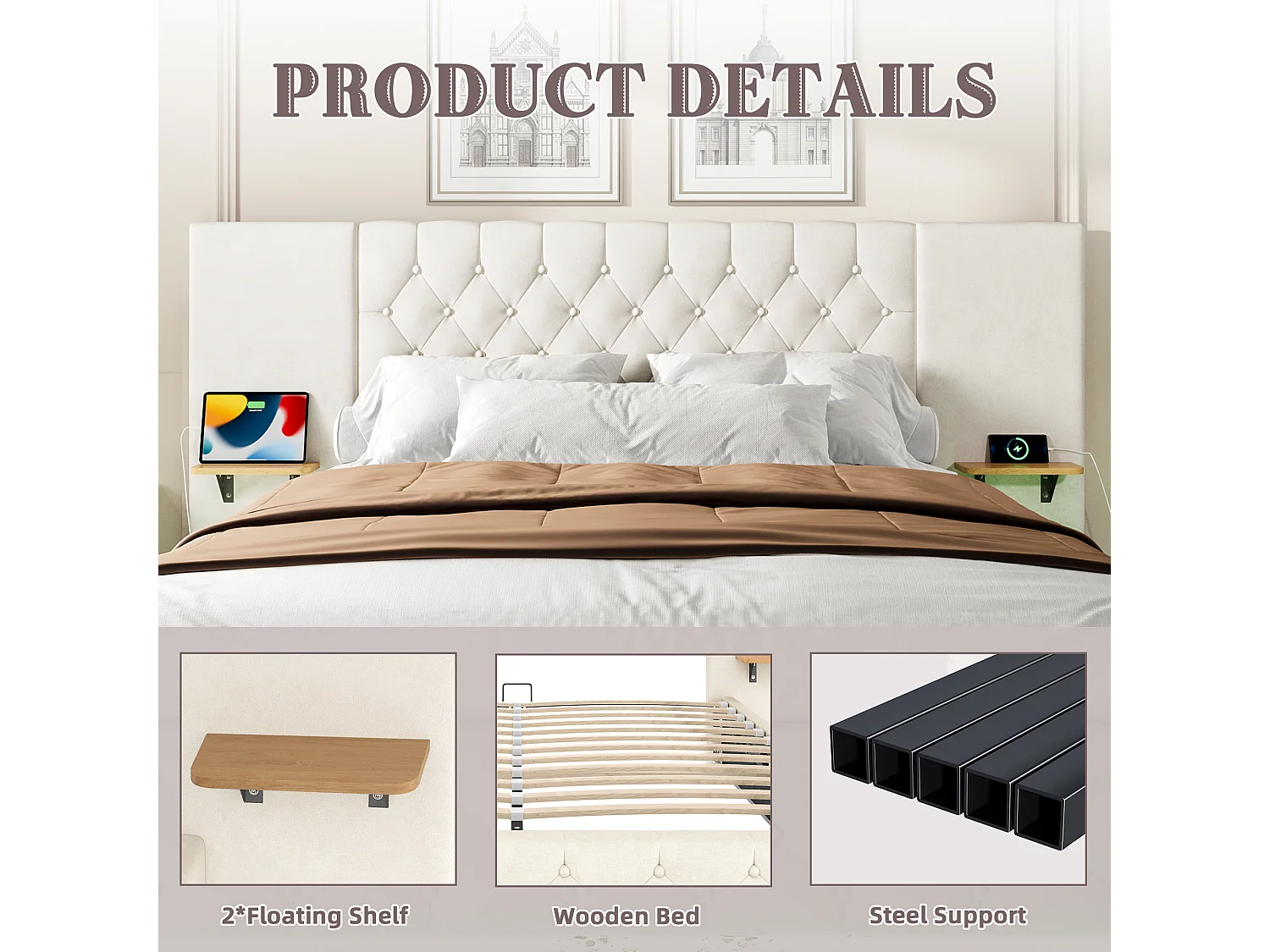 Lit Coffre 140×200 cm - Lit Rembourré en Velours Beige  – Étagère Tête De Lit - LED/USB-C – Coffre Hydraulique – Style Contemporain