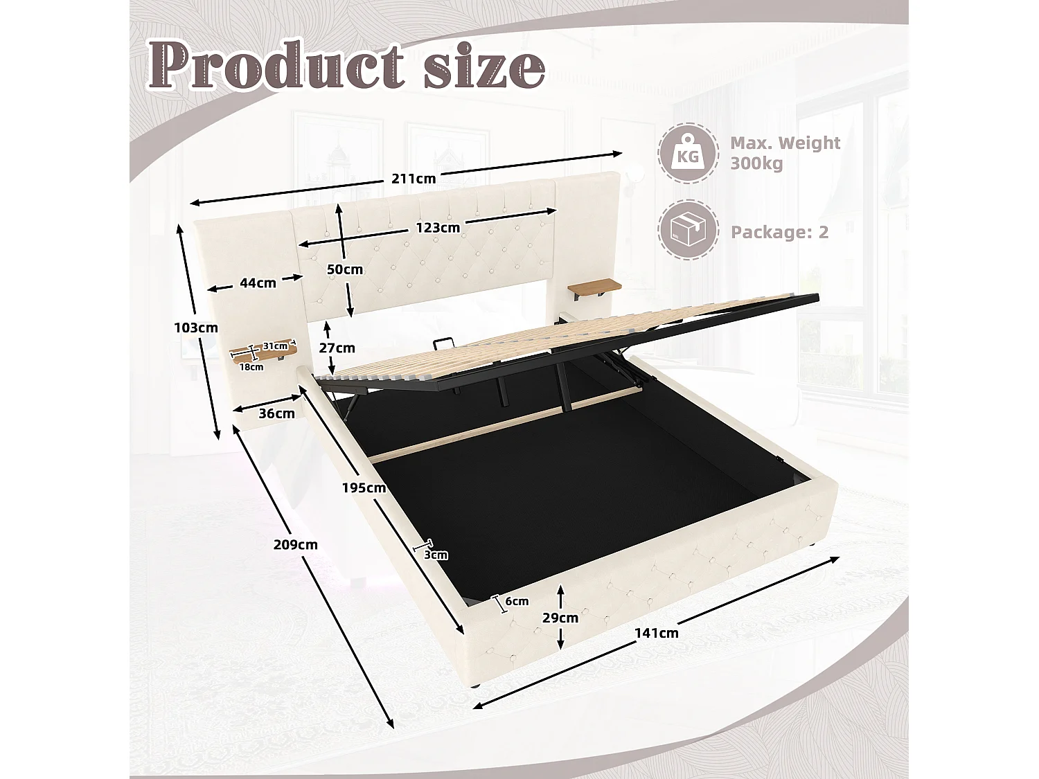 Lit Coffre 140×200 cm - Lit Rembourré en Velours Beige  – Étagère Tête De Lit - LED/USB-C – Coffre Hydraulique – Style Contemporain