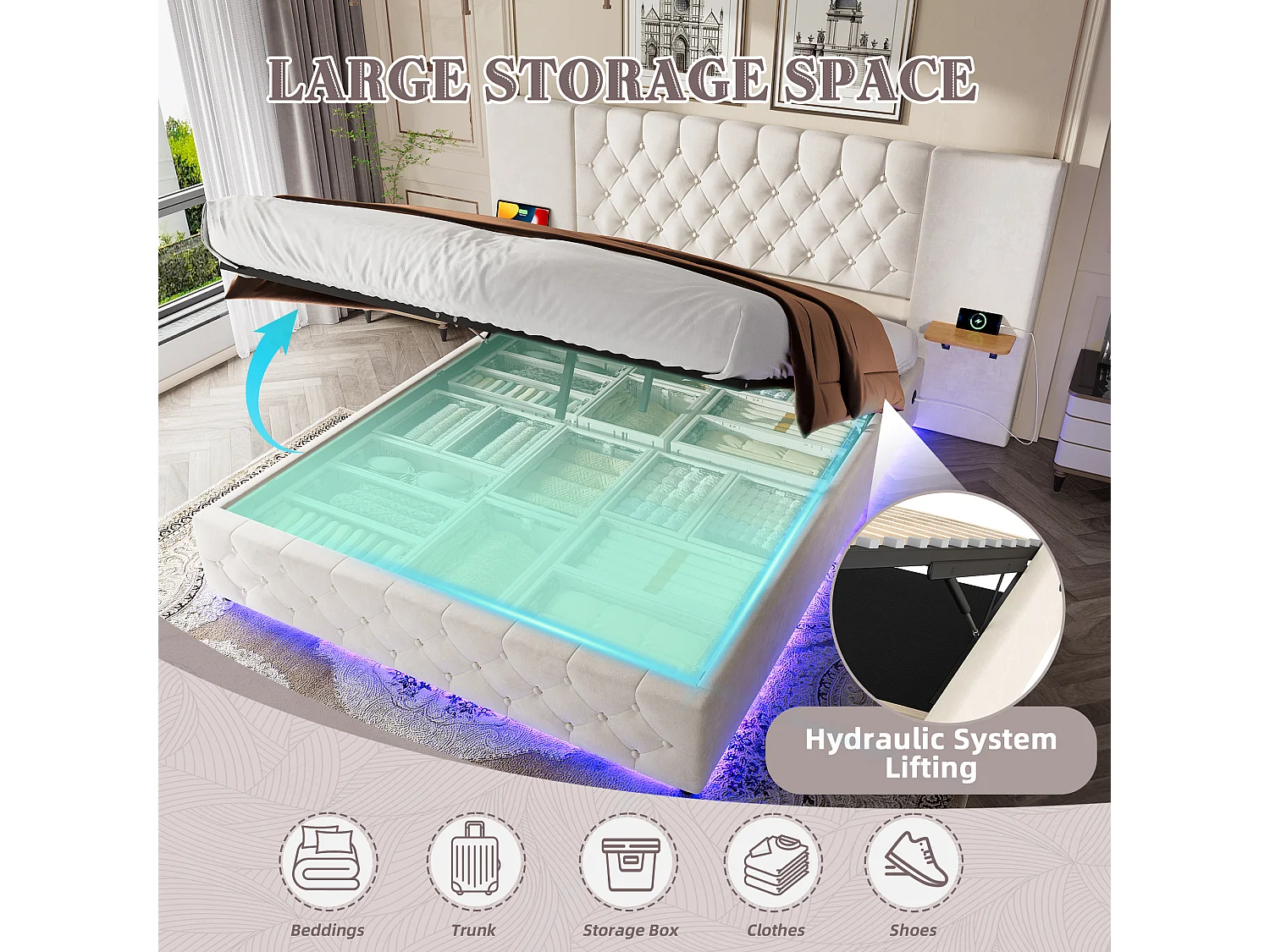 Cama Arcón 140×200 cm – Cama Tapizada en Terciopelo Beige – Estantería en Cabecero – LED/USB-C – Arcón Hidráulico – Estilo Contemporáneo