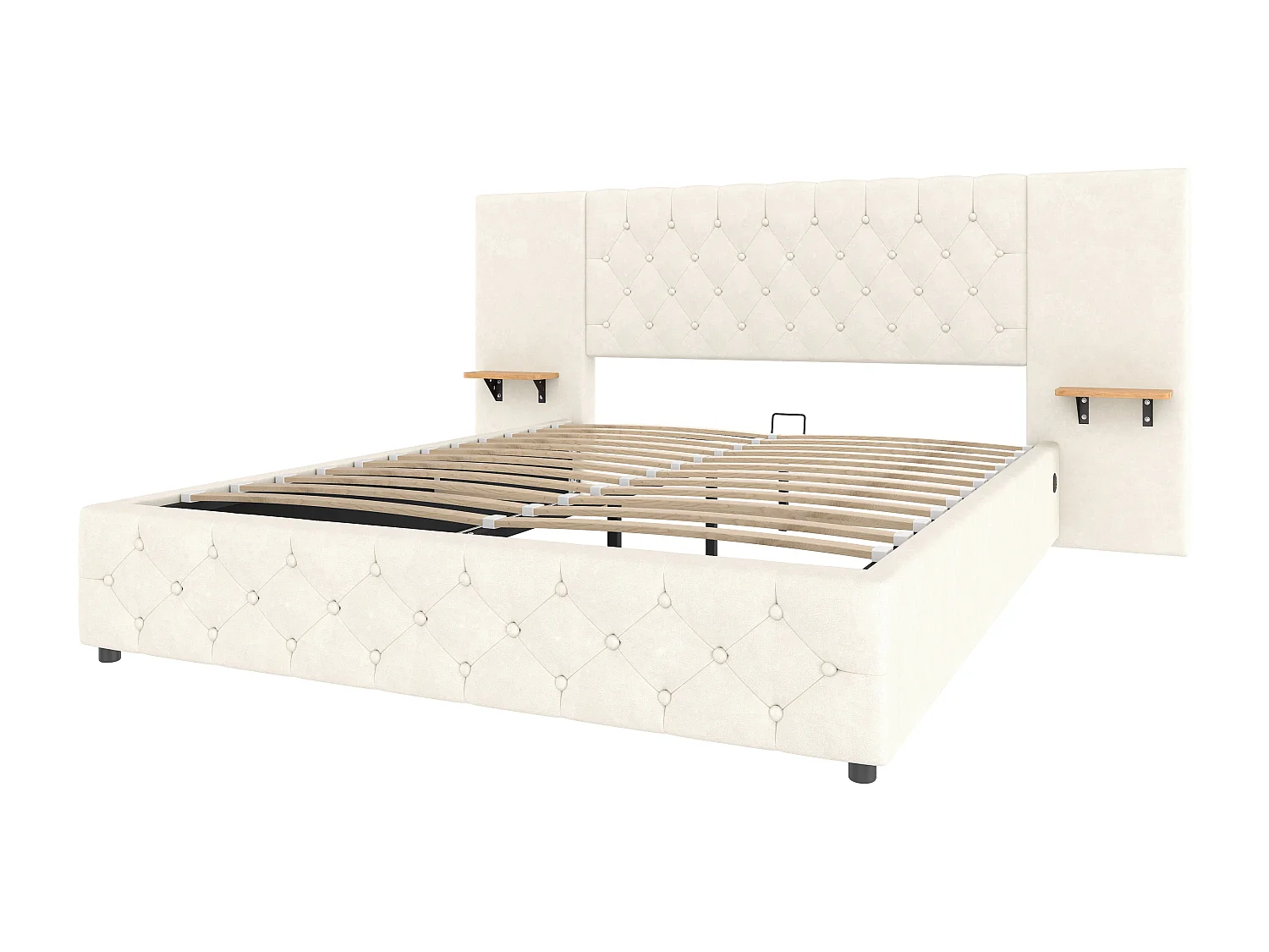 Cama Arcón 140×200 cm – Cama Tapizada en Terciopelo Beige – Estantería en Cabecero – LED/USB-C – Arcón Hidráulico – Estilo Contemporáneo