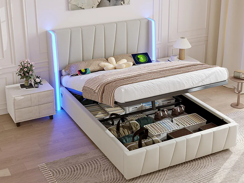 Boxbett 140x200 cm - LED-verlichting in 16 kleuren, zij-USB-aansluiting, hydraulisch opklapbaar opbergbed met onderbed, gepolsterd dubbelbed in fluweelstof