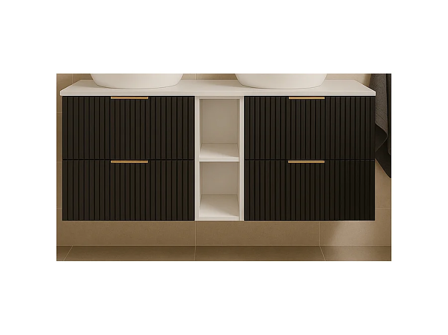 Meuble sous vasque FLOW 140 cm noir avec étagère blanche et plan de travail