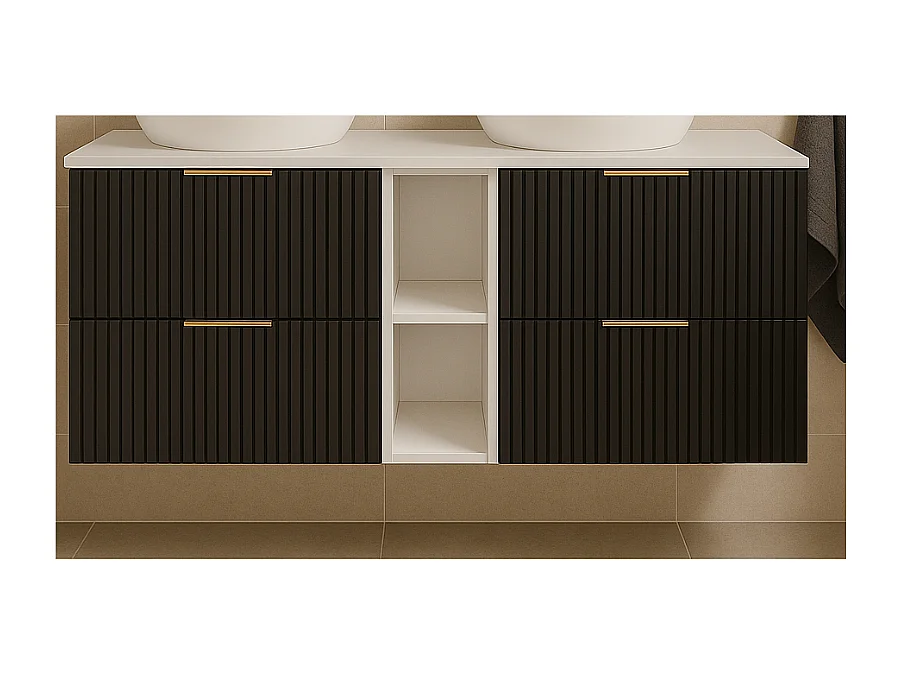 Meuble sous vasque FLOW 140 cm noir avec étagère blanche et plan de travail