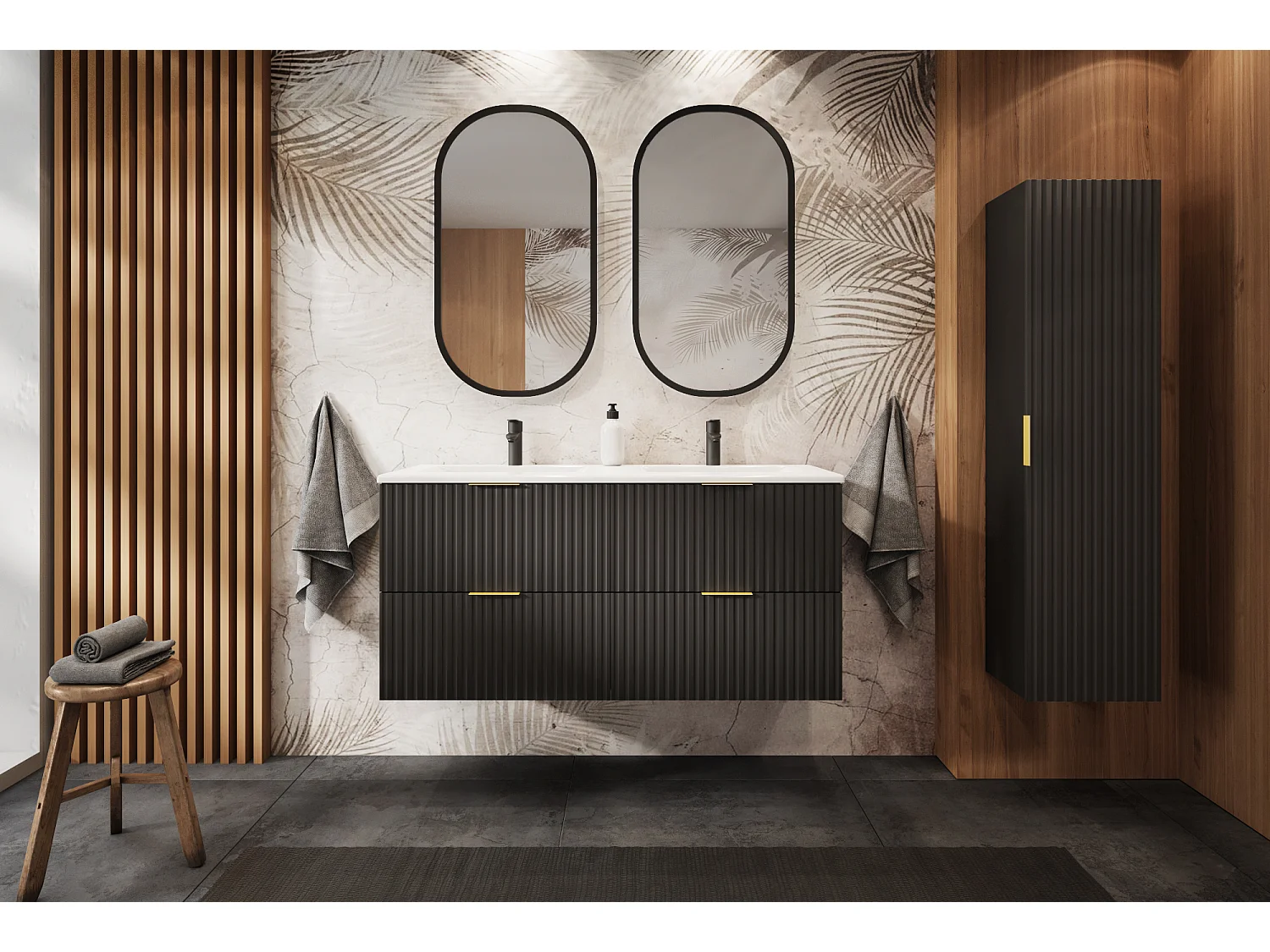 Meuble sous vasque FLOW 140 cm noir avec étagère blanche et plan de travail