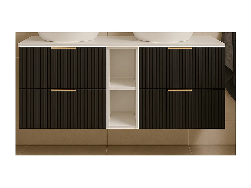 Szafka łazienkowa ryflowana FLOW 140 cm czarna z białym regałem i blatem