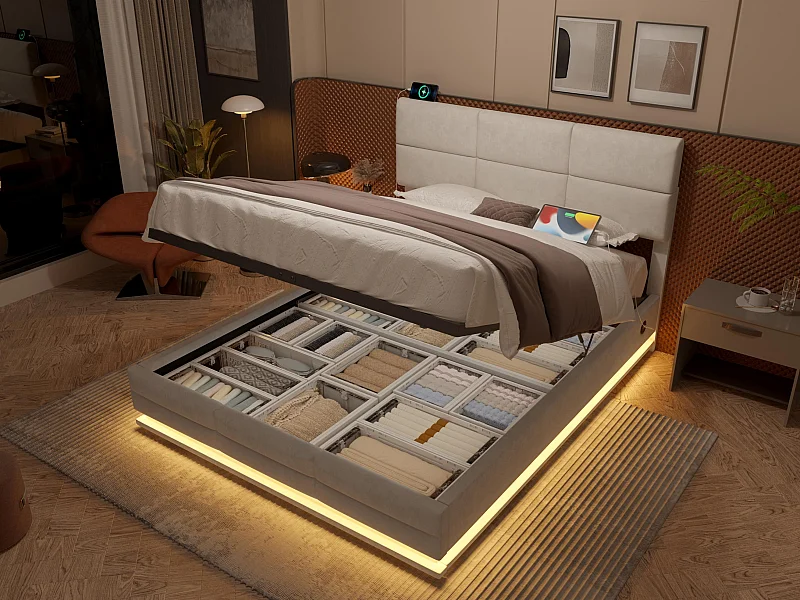 Opbergbed 180×200cm Beige Fluweel - Gestoffeerd bed - Afstandsbediening LED + USB-poort - Hydraulische opbergruimte - Moderne stijl met gewatteerd patroon