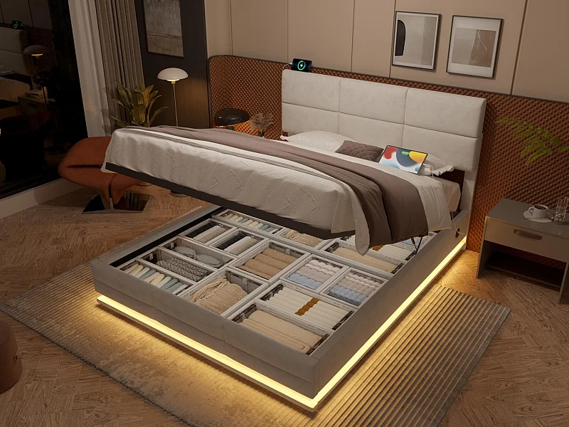 Opbergbed 180×200cm Beige Fluweel - Gestoffeerd bed - Afstandsbediening LED + USB-poort - Hydraulische opbergruimte - Moderne stijl met gewatteerd patroon