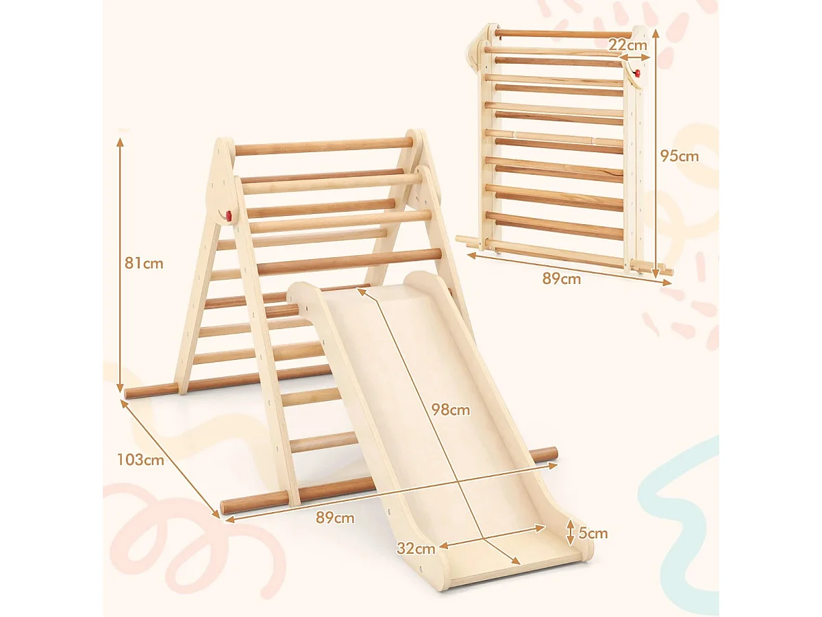 Pikler-Dreieck-Set klappbares Kletterdreieck mit Rutsche und Stangen aus massivem Buchenholz Natur