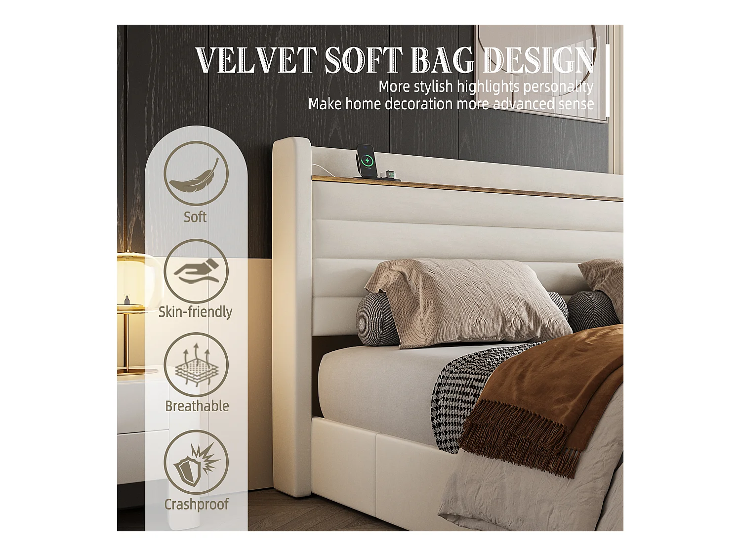 Lit Coffre 140x200 cm - Lit Rembourré en Velours Beige - avec Étagère de Tête de Lit- 4 tiroirs et port USB