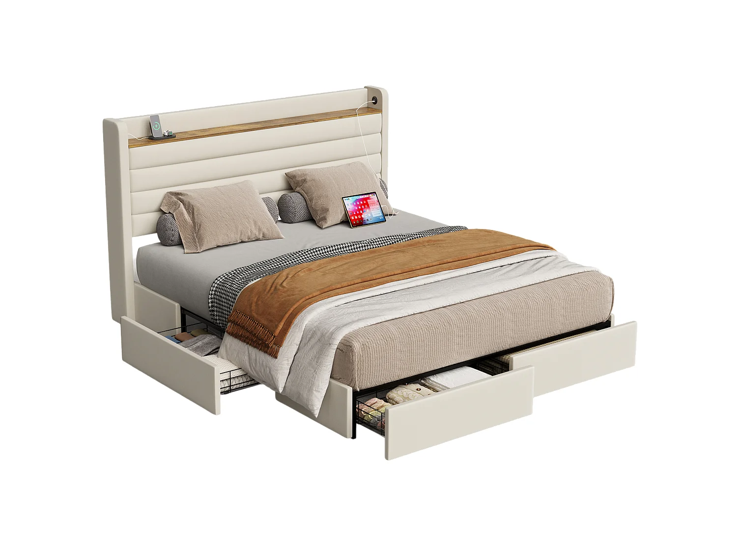 Lit Coffre 140x200 cm - Lit Rembourré en Velours Beige - avec Étagère de Tête de Lit- 4 tiroirs et port USB