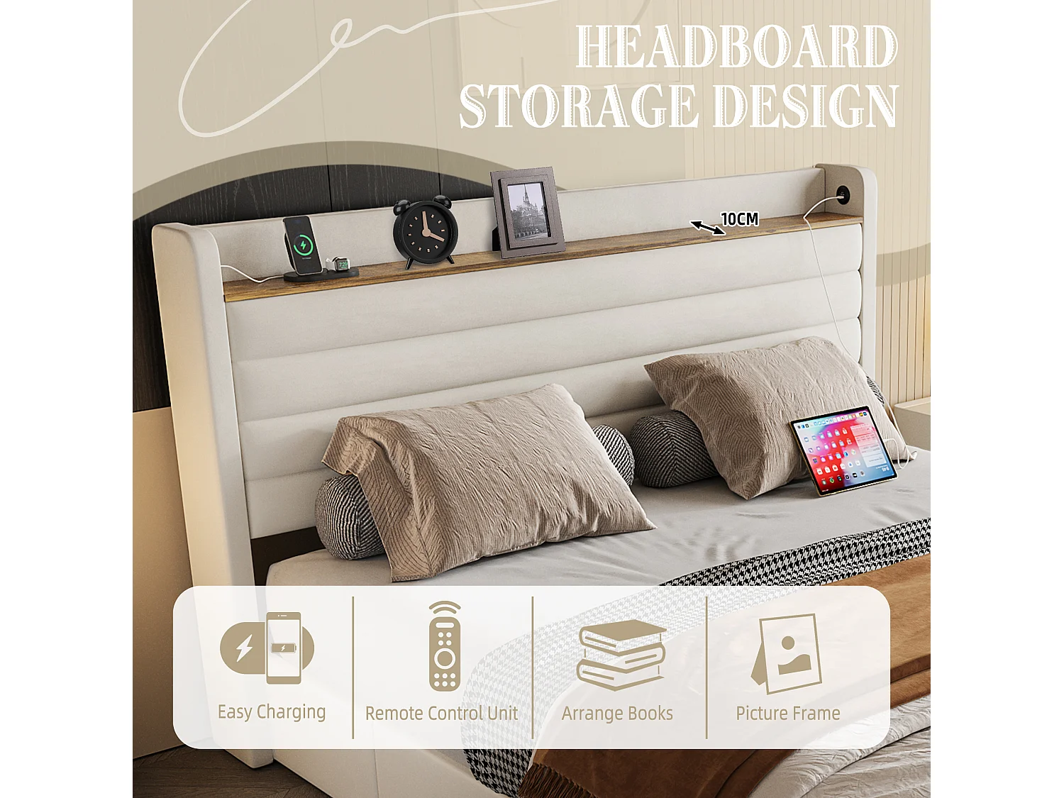 Lit Coffre 140x200 cm - Lit Rembourré en Velours Beige - avec Étagère de Tête de Lit- 4 tiroirs et port USB