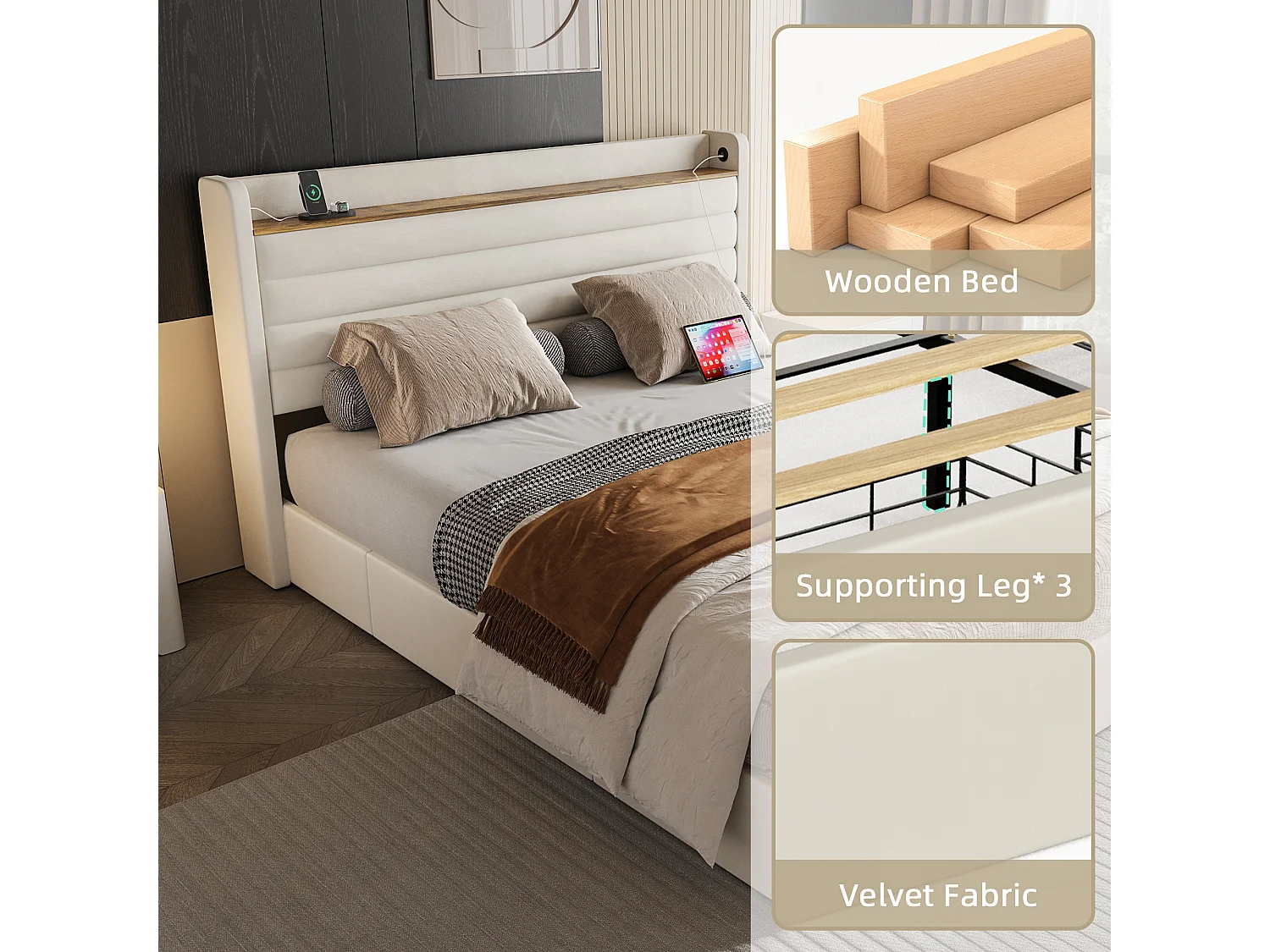 Lit Coffre 140x200 cm - Lit Rembourré en Velours Beige - avec Étagère de Tête de Lit- 4 tiroirs et port USB