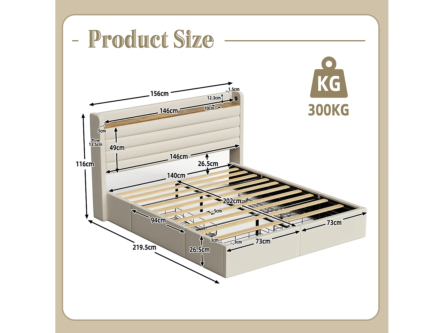 Lit Coffre 140x200 cm - Lit Rembourré en Velours Beige - avec Étagère de Tête de Lit- 4 tiroirs et port USB