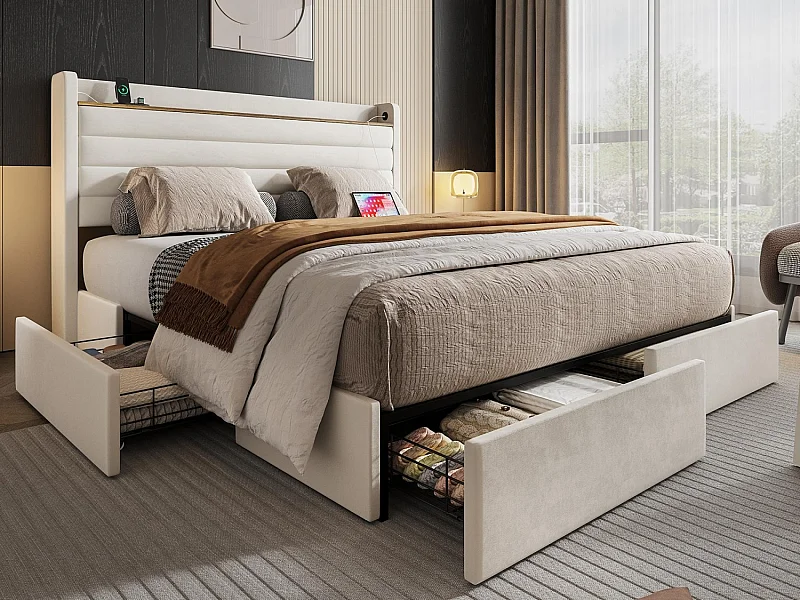 Gestoffeerd bed 140x200 cm in fluweel - Gestoffeerd hoofdbord met geïntegreerde plank - 4 lades + USB-poorten