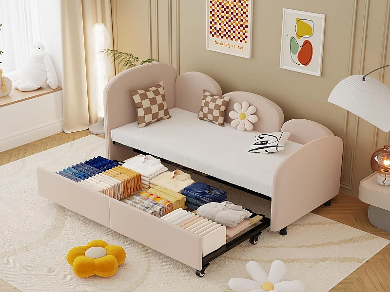 Lit Banquette Gigogne 90×200 cm Velours Rose – Design Pétale Doux - Tiroir Latéral sur Roulettes – Confort et Mobilité