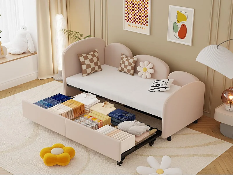 Lit Banquette Gigogne 90×200 cm Velours Rose – Design Pétale Doux - Tiroir Latéral sur Roulettes – Confort et Mobilité