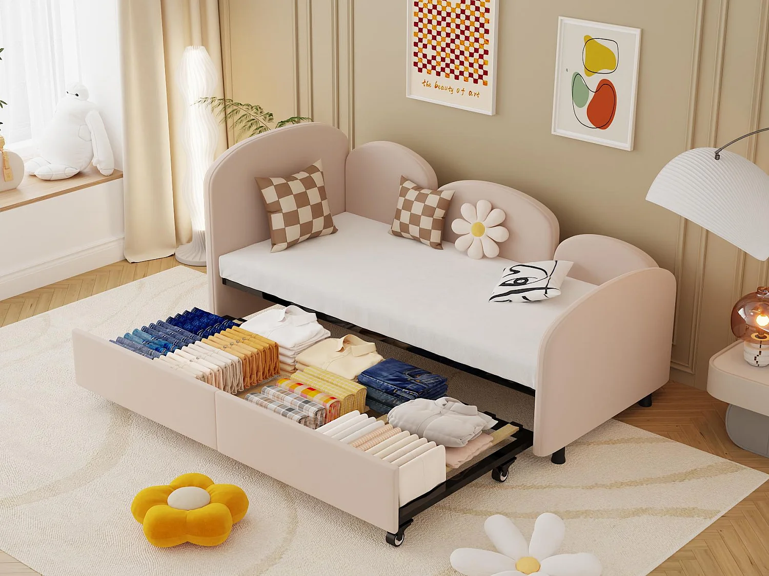 Lit Banquette Gigogne 90×200 cm Velours Rose – Design Pétale Doux - Tiroir Latéral sur Roulettes – Confort et Mobilité