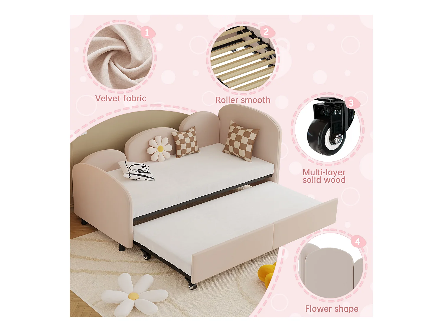 Lit Banquette Gigogne 90×200 cm Velours Rose – Design Pétale Doux - Tiroir Latéral sur Roulettes – Confort et Mobilité