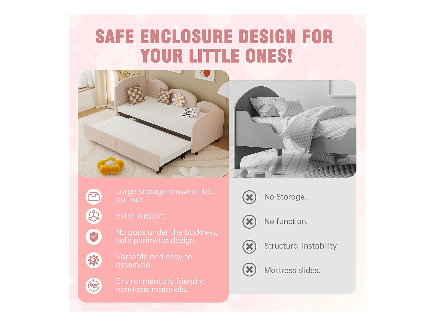 Lit Banquette Gigogne 90×200 cm Velours Rose – Design Pétale Doux - Tiroir Latéral sur Roulettes – Confort et Mobilité