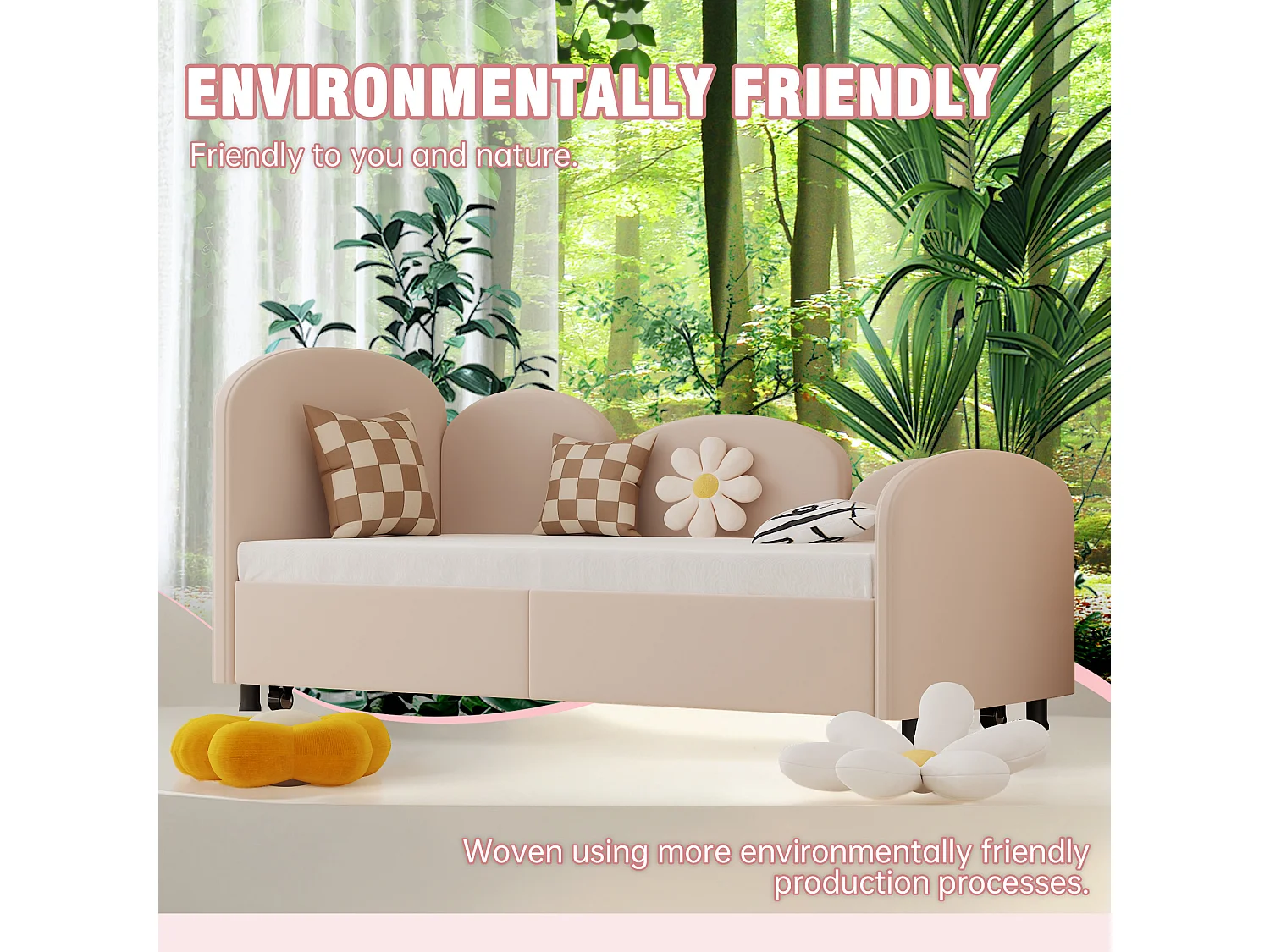 Lit Banquette Gigogne 90×200 cm Velours Rose – Design Pétale Doux - Tiroir Latéral sur Roulettes – Confort et Mobilité