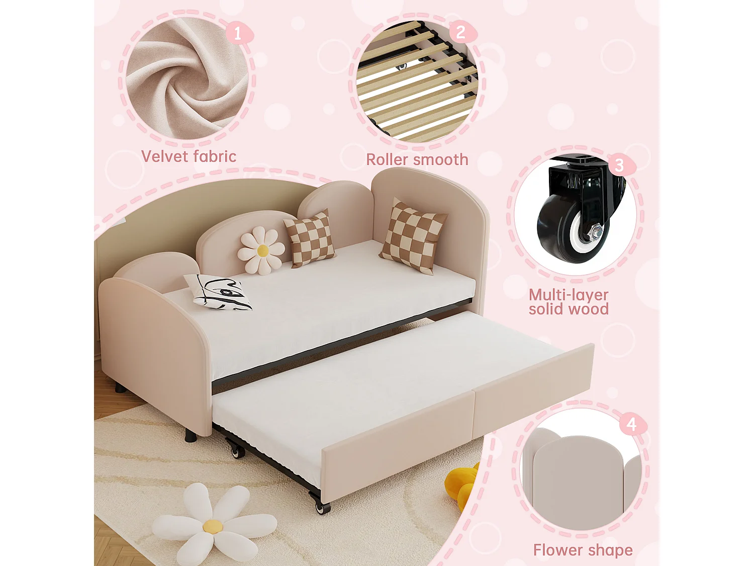 Lit Banquette Gigogne 90×200 cm Velours Rose – Design Pétale Doux - Tiroir Latéral sur Roulettes – Confort et Mobilité