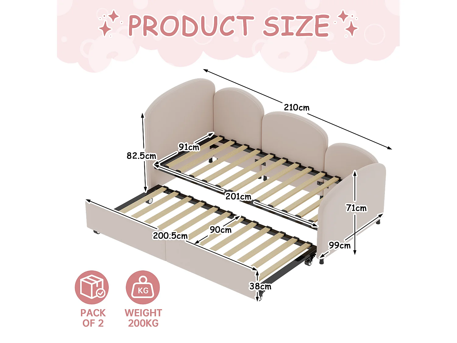 Lit Banquette Gigogne 90×200 cm Velours Rose – Design Pétale Doux - Tiroir Latéral sur Roulettes – Confort et Mobilité