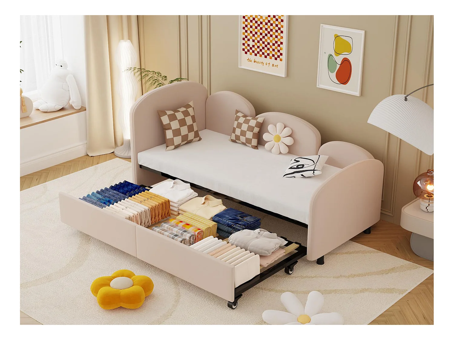 Lit Banquette Gigogne 90×200 cm Velours Rose – Design Pétale Doux - Tiroir Latéral sur Roulettes – Confort et Mobilité