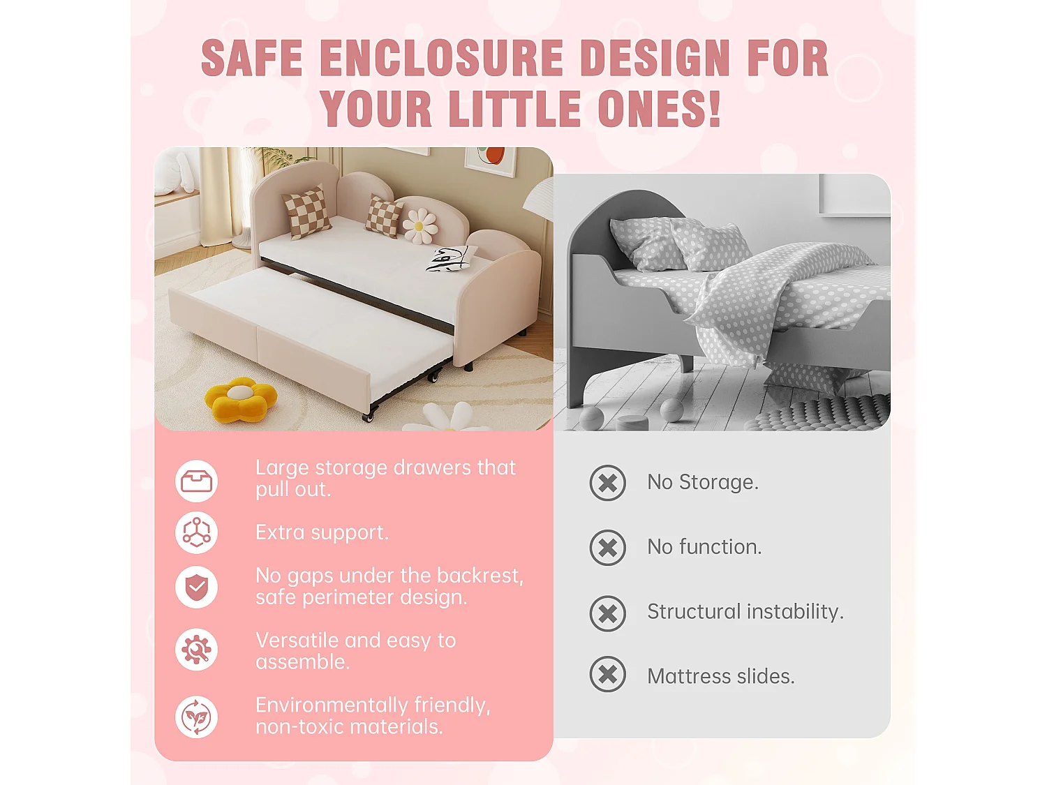 Lit Banquette Gigogne 90×200 cm Velours Rose – Design Pétale Doux - Tiroir Latéral sur Roulettes – Confort et Mobilité